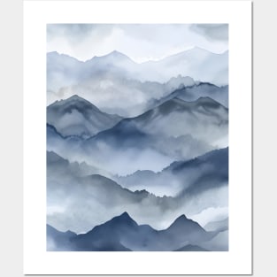 Foggy Mountains Wanderlust Blue Boho Posters and Art